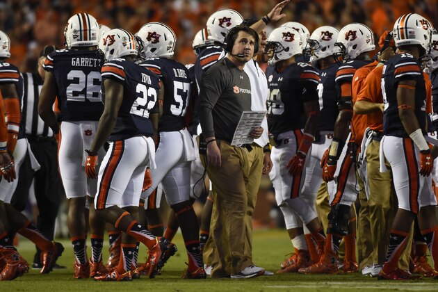 Sep 26, 2015; Auburn, AL, USA; Auburn Tigers defensive coordinator Will Muschamp on the field with his team during the first quarter Mississippi State Bulldogs at Jordan Hare Stadium. Mandatory Credit: Shanna Lockwood-USA TODAY Sports