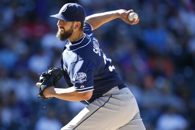San Diego Padres starting pitcher James Shields (33) works against the Colorado Rockies in the fifth inning of a baseball game Sunday, Sept. 20, 2015, in Denver. San Diego won 10-4. (AP Photo/David Zalubowski)
