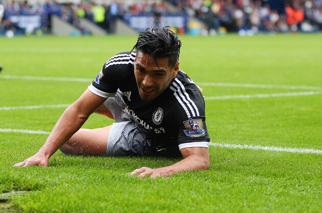 WEST BROMWICH, ENGLAND - AUGUST 23:  Radamel Falcao of Chelsea slides on the pitch during the Barclays Premier League match between West Bromwich Albion and Chelsea on August 23, 2015 in West Bromwich, United Kingdom.  (Photo by Catherine Ivill - AMA/Getty Images)