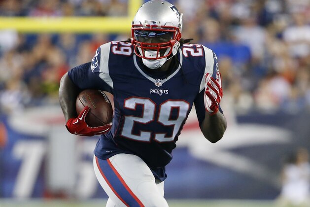 New England Patriots running back LeGarrette Blount in the first half of an NFL football game against the New York Giants Thursday, Sept. 3, 2015, in Foxborough, Mass. (AP Photo/Winslow Townson)