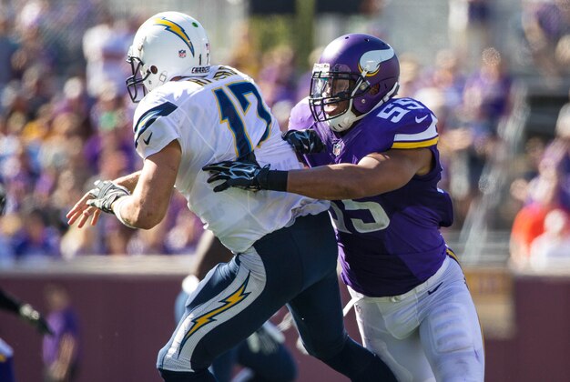 Sep 27, 2015; Minneapolis, MN, USA; Minnesota Vikings linebacker Anthony Barr (55) hits San Diego Chargers quarterback Philip Rivers (17) during the third quarter at TCF Bank Stadium. The Vikings defeated the Chargers 31-14. Mandatory Credit: Brace Hemmelgarn-USA TODAY Sports