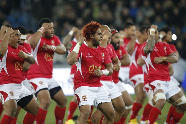 Tonga players perform their Haka before the international rugby match against France in Le Havre, north western France, Saturday, Nov. 16, 2013. (AP Photo/Christophe Ena)