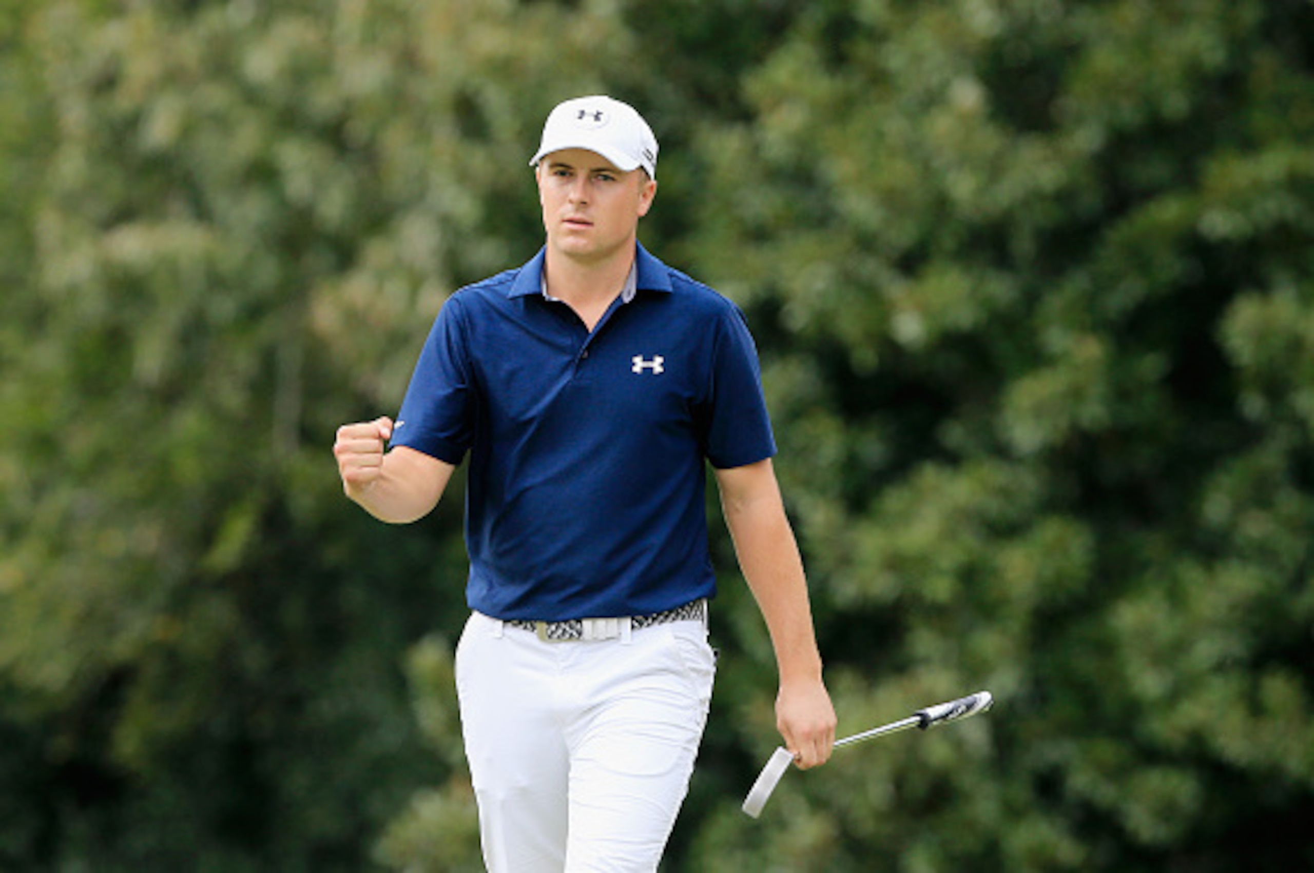 ATLANTA, GA - SEPTEMBER 27:  Jordan Spieth of the United States celebrates a long birdie putt on the 11th green during the final round of the TOUR Championship By Coca-Cola at East Lake Golf Club on September 27, 2015 in Atlanta, Georgia  (Photo by Sam Greenwood/Getty Images)