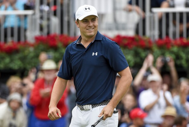 Sep 27, 2015; Atlanta, GA, USA; Jordan Spieth reacts after winning the final round of the Tour Championship by Coca-Cola at East Lake Golf Club. Mandatory Credit: John David Mercer-USA TODAY Sports