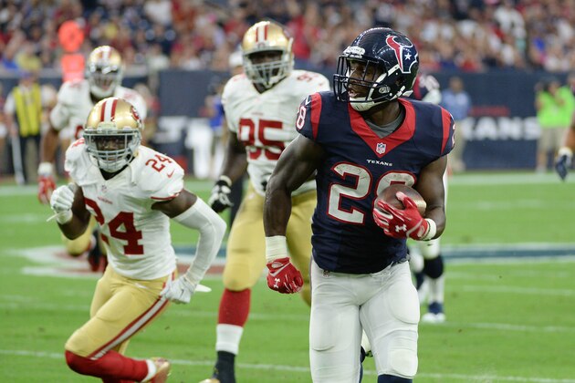Houston Texans' Alfred Blue (28) rushes against the San Francisco 49ers during the first half of an NFL preseason football game, Saturday, Aug. 15, 2015, in Houston. (AP Photo/George Bridges)