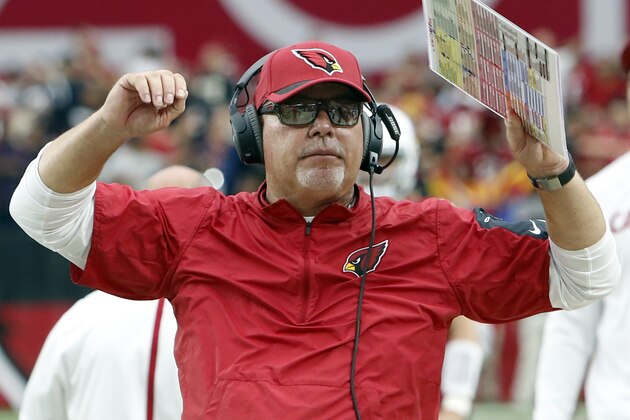 Arizona Cardinals head coach Bruce Arians celebrates during the second half of an NFL football game against the New Orleans Saints, Sunday, Sept. 13, 2015, in Glendale, Ariz. The Cardinals won 31-19. (AP Photo/Rick Scuteri)