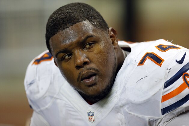 Chicago Bears tackle Jermon Bushrod (74) is seen on the bench during the fourth quarter of an NFL football game against the Detroit Lions at Ford Field in Detroit, Sunday, Sept. 29, 2013. (AP Photo/Paul Sancya) Chicago Bears tackle Jermon Bushrod (74) is seen on the bench during the fourth quarter of an NFL football game against the Detroit Lions at Ford Field in Detroit, Sunday, Sept. 29, 2013. (AP Photo/Paul Sancya)