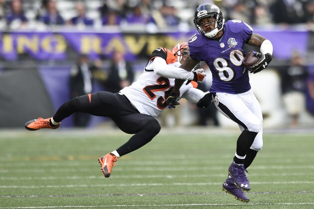 Cincinnati Bengals cornerback Leon Hall (29) tries to hang on to Baltimore Ravens wide receiver Steve Smith (89) during the second half of an NFL football game in Baltimore, Sunday, Sept. 27, 2015. (AP Photo/Gail Burton)