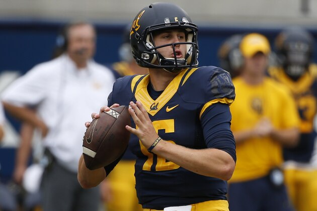 California quarterback Jared Goff throws a pass in a NCAA football game against San Diego State Saturday, Sept. 12, 2015, in Berkeley, Calif. California won 35-7. (AP Photo/Tony Avelar)