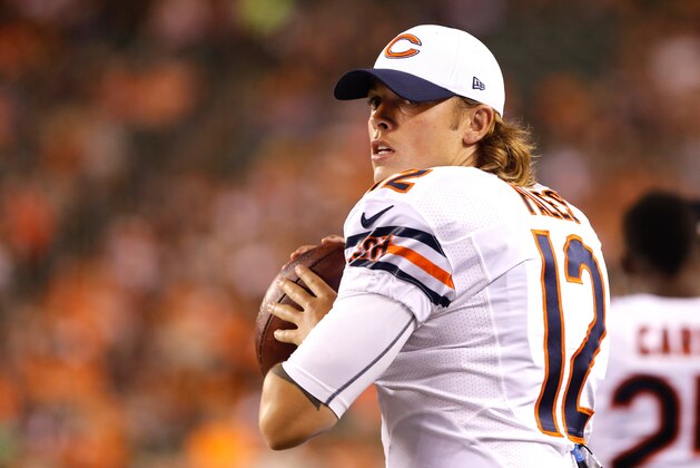 Aug 29, 2015; Cincinnati, OH, USA; Chicago Bears quarterback David Fales (12) against the Cincinnati Bengals in a preseason NFL football game at Paul Brown Stadium. The Bengals won 21-10. Mandatory Credit: Aaron Doster-USA TODAY Sports