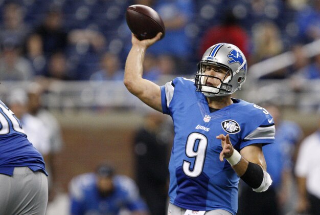 Sep 27, 2015; Detroit, MI, USA; Detroit Lions quarterback Matthew Stafford (9) throws the ball during the fourth quarter against the Denver Broncos at Ford Field. Broncos win 24-12. Mandatory Credit: Raj Mehta-USA TODAY Sports