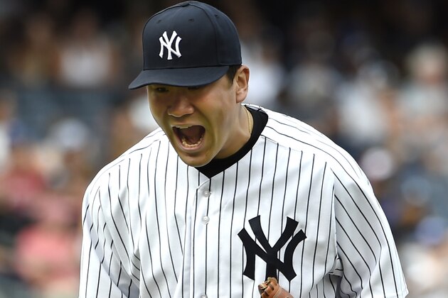 New York Yankees starting pitcher Masahiro Tanaka reacts after getting Toronto Blue Jays' Kevin Pillar to fly out for the third out in the seventh inning of a baseball game at Yankee Stadium, Sunday, Sept. 13, 2015, in New York. The Yankees won 5-0. (AP Photo/Kathy Kmonicek)