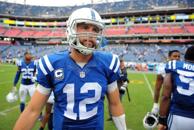 Sep 27, 2015; Nashville, TN, USA; Indianapolis Colts quarterback Andrew Luck (12) after a win against the Tennessee Titans at Nissan Stadium. The Colts won 35-33. Mandatory Credit: Christopher Hanewinckel-USA TODAY Sports
