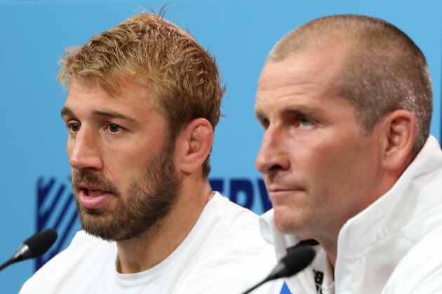LONDON, ENGLAND - SEPTEMBER 26:  Chris Robshaw (L) the England captain and head coach Stuart Lancaster face the media after their defeat the 2015 Rugby World Cup Pool A match between England and Wales at Twickenham Stadium on September 26, 2015 in London, United Kingdom.  (Photo by David Rogers/Getty Images)