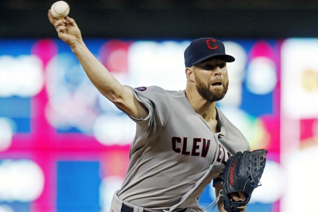 Cleveland Indians pitcher Corey Kluber throws against the Minnesota Twins in the first inning of a baseball game, Wednesday, Sept. 23, 2015, in Minneapolis.  (AP Photo/Jim Mone)