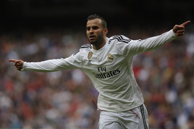 Real Madrid's Jese Rodriguez celebrates his goal during a Spanish La Liga soccer match between Real Madrid and Eibar at the Santiago Bernabeu stadium in Madrid, Spain, Saturday, April 11, 2015. (AP Photo/Andres Kudacki)