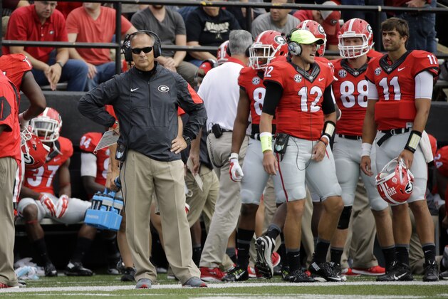 Georgia head coach Mark Richt watches the action from the sideline in the first half of an NCAA college football game against Vanderbilt Saturday, Sept. 12, 2015, in Nashville, Tenn. (AP Photo/Mark Humphrey)