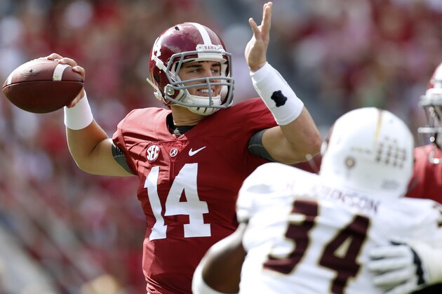 FILE - In this Sept. 26, 2015 file photo, Alabama quarterback Jake Coker (14) throws a pass during the first half of an NCAA college football game against Louisiana Monroe in Tuscaloosa, Ala. Alabama faces its first game in a hostile stadium on Saturday, Oct. 3, against No. 8 Georgia and might even be an underdog for the first time since 2009.(AP Photo/Jonathan Bachman)