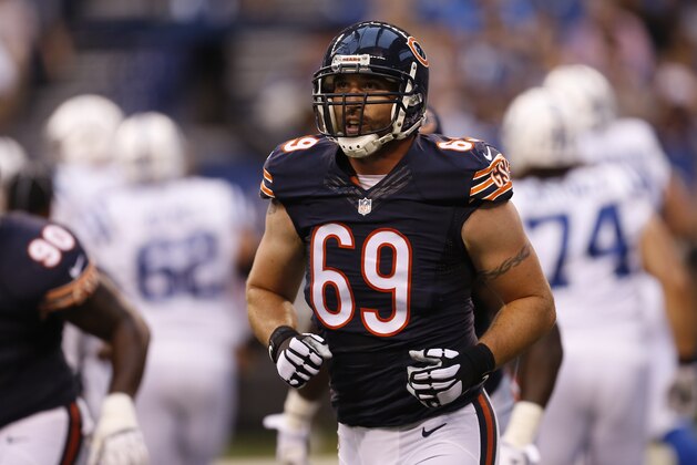 Chicago Bears linebacker Jared Allen (69) in the first half of an NFL preseason football game against the Indianapolis Colts in Indianapolis, Saturday, Aug. 22, 2015.  (AP Photo/Sam Riche)