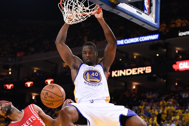May 19, 2015; Oakland, CA, USA; Golden State Warriors forward Harrison Barnes (40) dunks the basketball against Houston Rockets guard Corey Brewer (33) during the fourth quarter in game one of the Western Conference Finals of the NBA Playoffs at Oracle Arena. The Warriors defeated the Rockets 110-106. Mandatory Credit: Kyle Terada-USA TODAY Sports