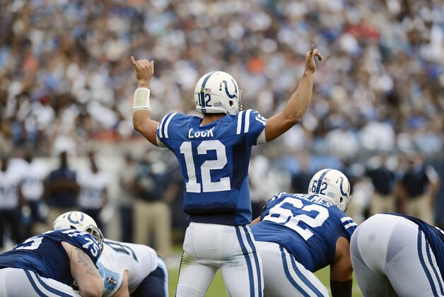 Indianapolis Colts quarterback Andrew Luck (12) calls a play against the Tennessee Titans in the second half of an NFL football game Sunday, Sept. 27, 2015, in Nashville, Tenn. The Colts won 35-33. (AP Photo/Mark Zaleski)