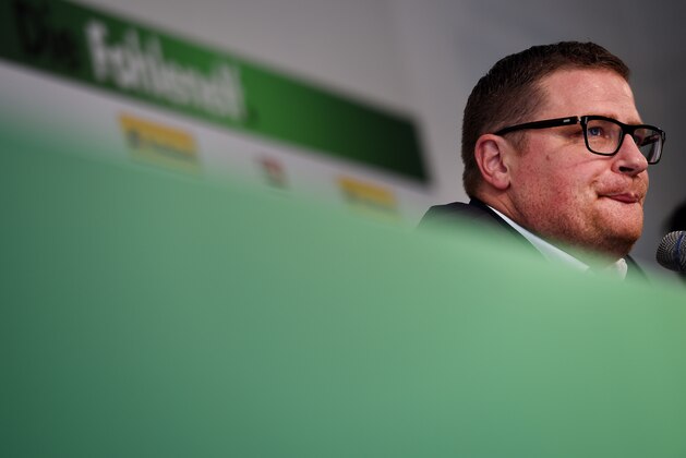 Max Eberl, managing director of German first division Bundesliga football club Borussia Moenchengladbach, gives a press conference on September 21, 2015 in Moenchengladbach, western Germany. The club announced that Andre Schubert, former coach of FC St Pauli, will take over as caretaker manager, as Gladbach seek to replace Lucien Favre following his shock resignation.       AFP PHOTO / PATRIK STOLLARZ        (Photo credit should read PATRIK STOLLARZ/AFP/Getty Images)