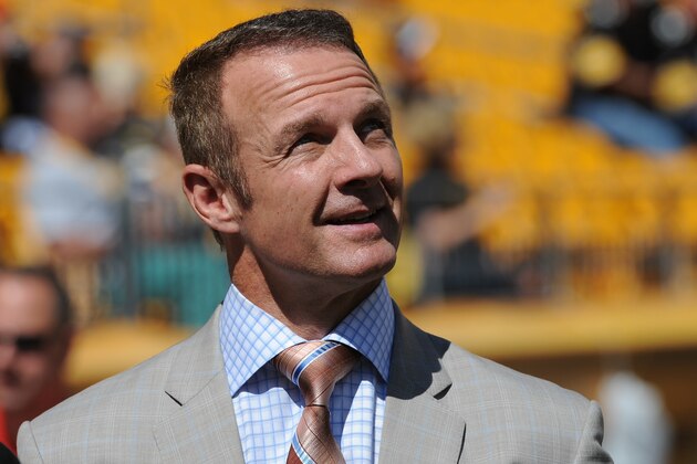PITTSBURGH, PA - SEPTEMBER 7:  Merril Hoge, a football analyst for ESPN television and a former running back for the Pittsburgh Steelers and Chicago Bears, looks on from the sideline before a game between the Cleveland Browns and Pittsburgh Steelers at Heinz Field on September 7, 2014 in Pittsburgh, Pennsylvania.  The Steelers defeated the Browns 30-27.  (Photo by George Gojkovich/Getty Images)