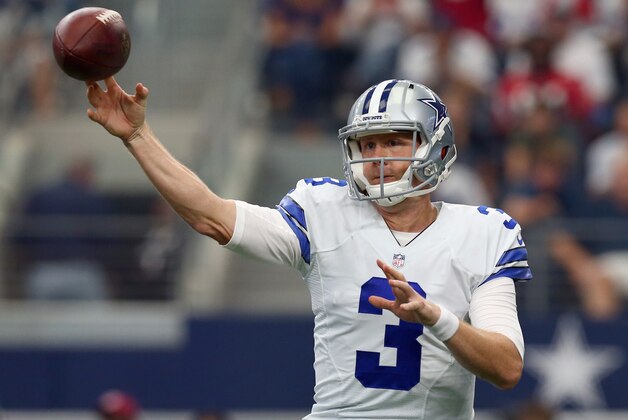 ARLINGTON, TX - SEPTEMBER 27:   Brandon Weeden #3 of the Dallas Cowboys looks for an open receiver against the Atlanta Falcons at AT&T Stadium on September 27, 2015 in Arlington, Texas.  (Photo by Tom Pennington/Getty Images)