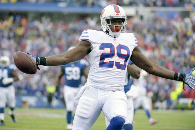 Buffalo Bills running back Karlos Williams (29) celebrates his touchdown during the first half of an NFL football game against the Indianapolis Colts on Sunday, Sept. 13, 2015, in Orchard Park, N.Y. (AP Photo/Gary Wiepert)