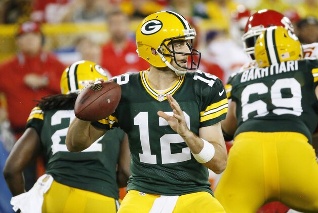 Green Bay Packers' Aaron Rodgers during the first half of an NFL football game against the Kansas City Chiefs Monday, Sept. 28, 2015, in Green Bay, Wis. (AP Photo/Mike Roemer)