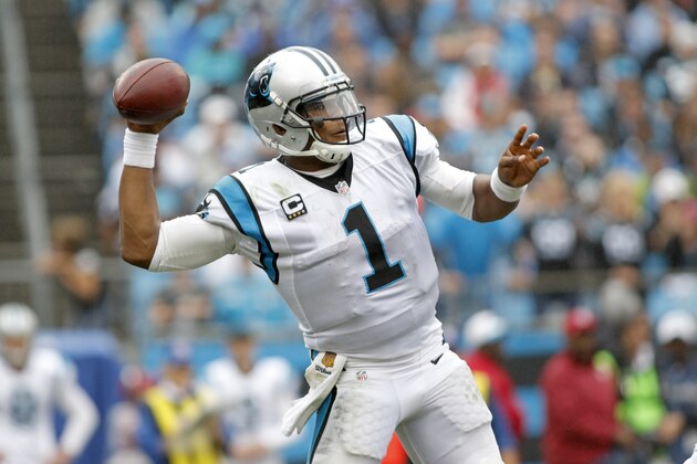 Carolina Panthers' Cam Newton (1) aims for an open receiver against the new Orleans Saints during the second half of an NFL football game in Charlotte, N.C., Sunday, Sept. 27, 2015. The Panthers won 27-22. (AP Photo/Bob Leverone)