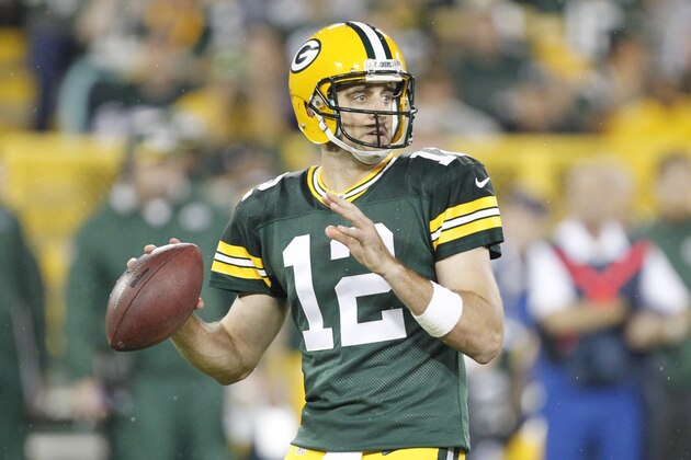 Green Bay Packers' Aaron Rodgers during the first half of an NFL football game against the Kansas City Chiefs Monday, Sept. 28, 2015, in Green Bay, Wis. (AP Photo/Matt Ludtke)