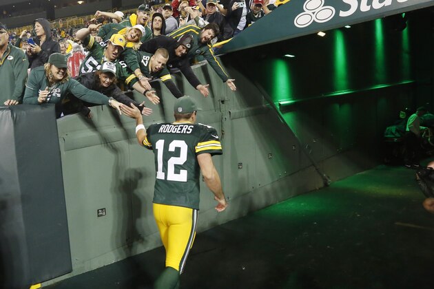 Green Bay Packers' Aaron Rodgers heads to the locker room after an NFL football game against the Kansas City Chiefs Monday, Sept. 28, 2015, in Green Bay, Wis. The Packers won 38-28. (AP Photo/Mike Roemer)