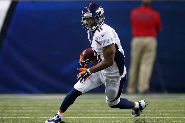 Denver Broncos wide receiver Jordan Norwood (11) runs against the Detroit Lions during the first half of an NFL football game, Sunday, Sept. 27, 2015, in Detroit. (AP Photo/Paul Sancya)