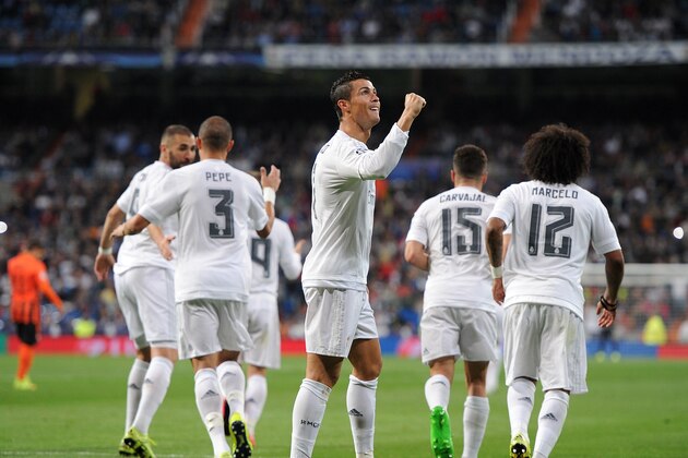 MADRID, SPAIN - SEPTEMBER 15:  Cristiano Ronaldo of Real Madrid celebrates after scoring Real's 2nd goal from the penalty spot during the UEFA Champions League Group A match between Real Madrid and Shakhtar Donetsk at estadio Santiago Bernabeu on September 15, 2015 in Madrid, Spain.  (Photo by Denis Doyle/Getty Images)