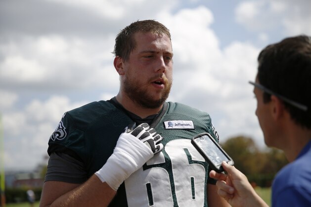 Philadelphia Eagles' Andrew Gardner speaks with members of the media at the NFL football team's practice facility, Wednesday, Sept. 9, 2015, in Philadelphia. (AP Photo/Matt Rourke)
