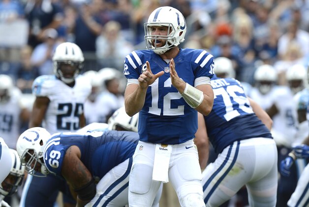 Indianapolis Colts quarterback Andrew Luck (12) calls a play against the Tennessee Titans in the second half of an NFL football game Sunday, Sept. 27, 2015, in Nashville, Tenn. The Colts won 35-33. (AP Photo/Mark Zaleski)