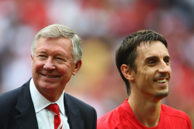 LONDON - AUGUST 10:  Sir Alex Ferguson manager of Manchester United (L) and captain Gary Neville look on prior to the FA Community Shield match between Manchester United and Portsmouth at Wembley Stadium on August 10, 2008 in London, England.  (Photo by Phil Cole/Getty Images)