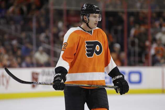 Philadelphia Flyers' Luke Schenn in action during an NHL hockey game against the New York Rangers, Saturday, Feb. 28, 2015, in Philadelphia. (AP Photo/Matt Slocum)