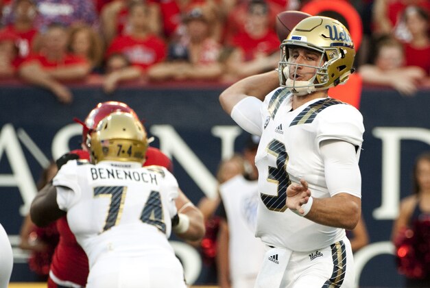 Sep 26, 2015; Tucson, AZ, USA; UCLA Bruins quarterback Josh Rosen (3) passes the ball during the first quarter against the Arizona Wildcats at Arizona Stadium. Mandatory Credit: Casey Sapio-USA TODAY Sports