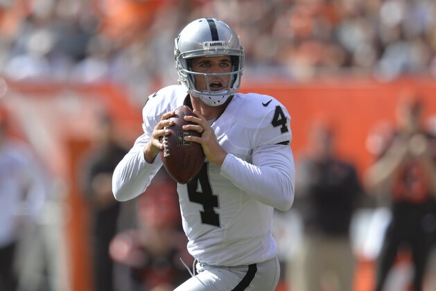 Oakland Raiders quarterback Derek Carr looks to pass during an NFL football game against the Cleveland Browns Sunday, Sept. 27, 2015, in Cleveland. Oakland won 27-20.(AP Photo/David Richard)
