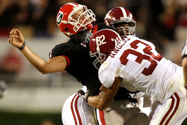 ATHENS, GA - SEPTEMBER 27:  Linebacker Eryk Anders #32 of the Alabama Crimson Tide hits quarterback Matthew Stafford #7 of the Georgia Bulldogs at Sanford Stadium on September 27, 2008 in Athens, Georgia.  (Photo by Doug Benc/Getty Images)