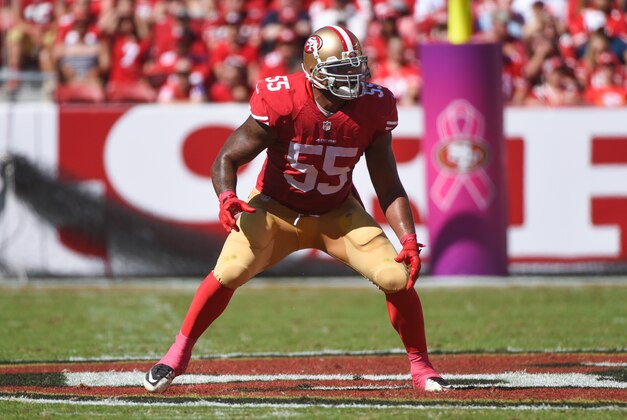 October 5, 2014; Santa Clara, CA, USA; San Francisco 49ers outside linebacker Ahmad Brooks (55) defends during the first quarter against the Kansas City Chiefs at Levi's Stadium. Mandatory Credit: Kyle Terada-USA TODAY Sports
