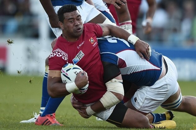 Tonga's centre Siale Piutau (L) is tackled by Namibia's back row forward Pieter Jan van Lill (R) during the Pool C match of the 2015 Rugby World Cup between Tonga and Namibia at Sandy Park, in Exeter, southwest England on September 29, 2015. AFP PHOTO / DAMIEN MEYER
RESTRICTED TO EDITORIAL USE, NO USE IN LIVE MATCH TRACKING SERVICES, TO BE USED AS NON-SEQUENTIAL STILLS (Photo credit should read DAMIEN MEYER/AFP/Getty Images) Tonga's centre Siale Piutau (L) is tackled by Namibia's back row forward Pieter Jan van Lill (R) during the Pool C match of the 2015 Rugby World Cup between Tonga and Namibia at Sandy Park, in Exeter, southwest England on September 29, 2015. AFP PHOTO / DAMIEN MEYER
RESTRICTED TO EDITORIAL USE, NO USE IN LIVE MATCH TRACKING SERVICES, TO BE USED AS NON-SEQUENTIAL STILLS (Photo credit should read DAMIEN MEYER/AFP/Getty Images)