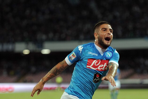 Napoli's Lorenzo Insigne celebrates after scoring an early goal during a Serie A soccer match between Napoli and Juventus, at the San Paolo stadium in Naples, Italy, Saturday, Sept. 26, 2015. (AP Photo/Salvatore Laporta)