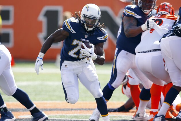 San Diego Chargers running back Melvin Gordon (28) runs the ball during an NFL football game against the Cincinnati Bengals in Cincinnati, Sunday, Sept. 20, 2015. (Jeff Haynes/AP Images for Panini)