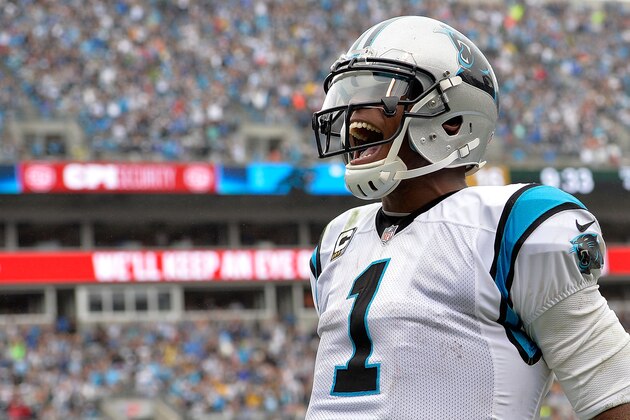 CHARLOTTE, NC - SEPTEMBER 27:  Cam Newton #1 of the Carolina Panthers celebrates his fourth quarter touchdown rush against the New Orleans Saints during their game at Bank of America Stadium on September 27, 2015 in Charlotte, North Carolina.  (Photo by Grant Halverson/Getty Images)