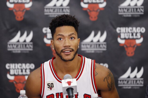 Chicago Bulls' Derrick Rose sits down for an NBA basketball media day news conference Monday, Sept. 28, 2015, in Chicago. (AP Photo/Charles Rex Arbogast)