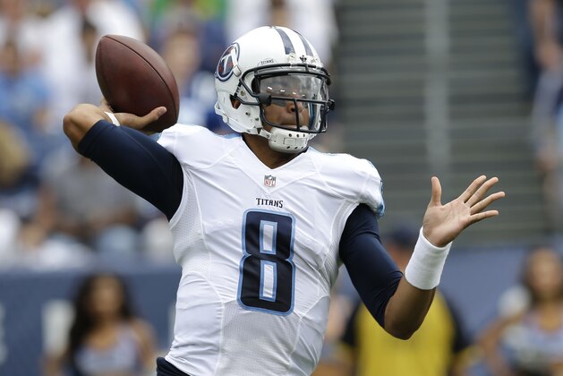 Tennessee Titans quarterback Marcus Mariota passes against the Indianapolis Colts in the first half of an NFL football game Sunday, Sept. 27, 2015, in Nashville, Tenn. (AP Photo/James Kenney)