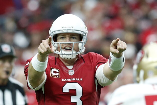 Arizona Cardinals quarterback Carson Palmer (3) against the San Francisco 49ers during the first half of an NFL football game, Sunday, Sept. 27, 2015, in Glendale, Ariz.  (AP Photo/Rick Scuteri)